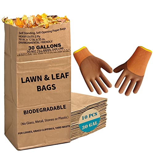 10 Count 30 Gallon Lawn And Leaf Bags With Gardening Gloves, 2-Ply Heavy Duty Large Kraft Paper Bags | Tear Resistant Yard Waste Bags For Grass Clippings, Wet And Dry Leaves, Weeds, And Twigs #TOP4