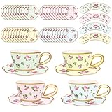JarThenaAMCS 60 Sets Tea Party Cupcake Wrappers and Plates Vintage Floral Cupcake Liners with Handle Disposable Paper Plates for Wedding Birthday Spring Party Cake Decoration