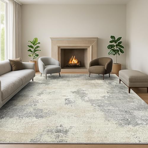 SOANNY Living Room Rug 200x290 cm Large Non-Slip Washable Low Pile Modern Abstract Area Carpet for Bedroom, Hallway, Kitchen, Laundry, Entryway, Utility, Beside Sofa, Office, Beige Grey
