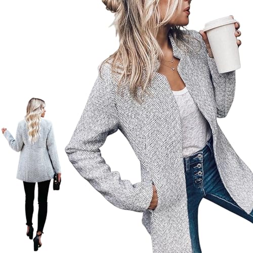 Upliftjoys Women's Solid Color Pocket Long Sleeve Open Front Coat, Datebacko Casual Twill Blazer Jacket for Women