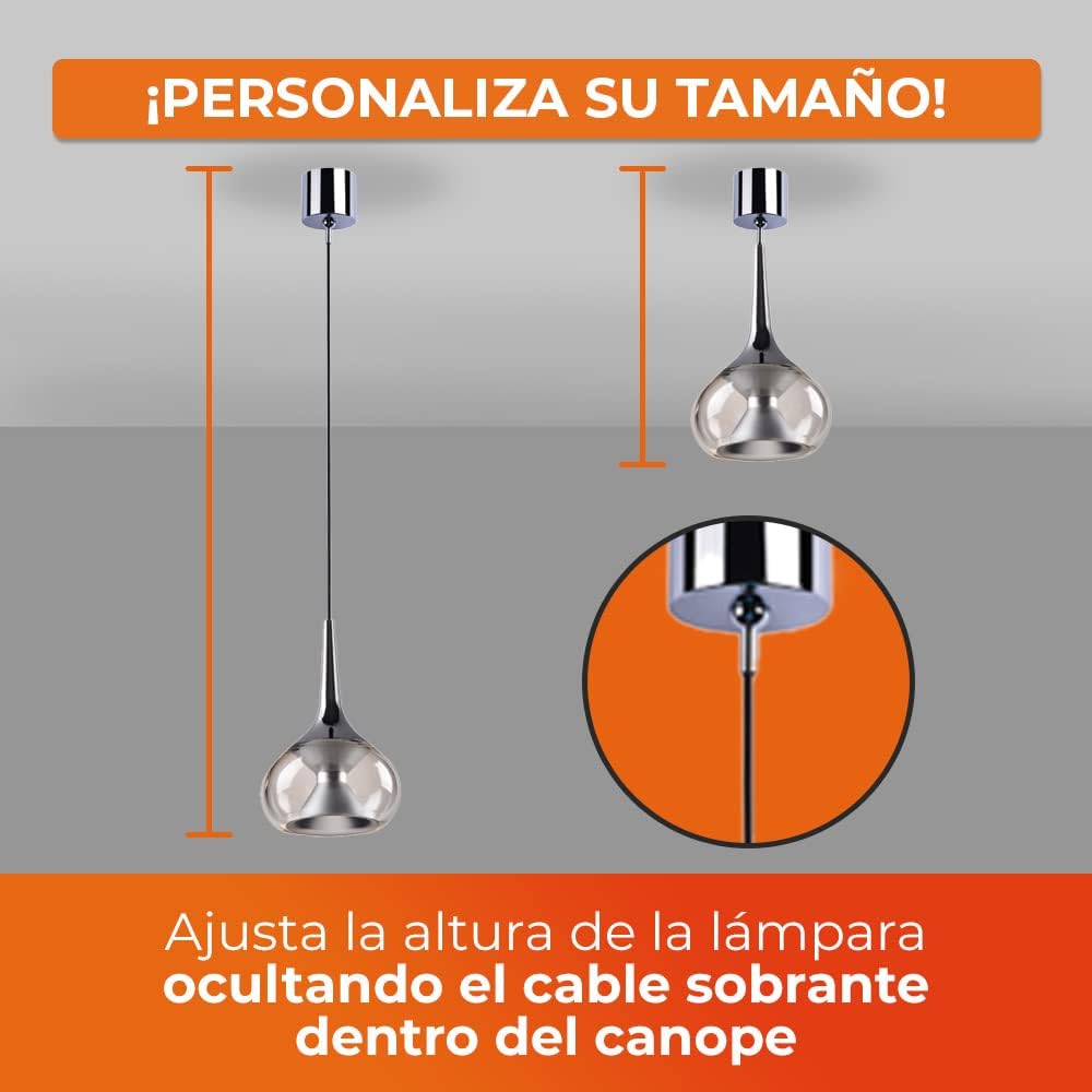 Illustration of how to adjust the lamp's height by concealing the excess cable within the canopy.