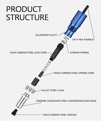 Miniatura 5 de Kit adaptador de pistola de remache, herramienta de cabeza de pistola remachadora para taladro inalámbrico, con 4 cabezales de remache/mango