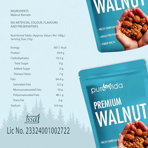 Image of Purevida Walnuts 200gm | Natural, Crunchy & Nutritious | Rich in Omega-3, Protein & Antioxidants | Supports Brain & Heart Health | Gluten-Free | Ideal for Snacking, Baking & Cooking (Pack of 3)