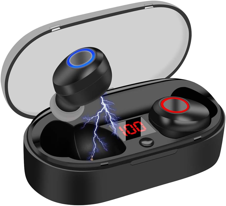 HEMRLY True Wireless Earbuds 16H Playtime, Sweatproof Bluetooth 5.0 Headphones, Mini Dual Earbuds HD Mic Volume Control, Noise Cancelling Stereo Sound Inear Earphones Auto-off in Charging Case (Black)