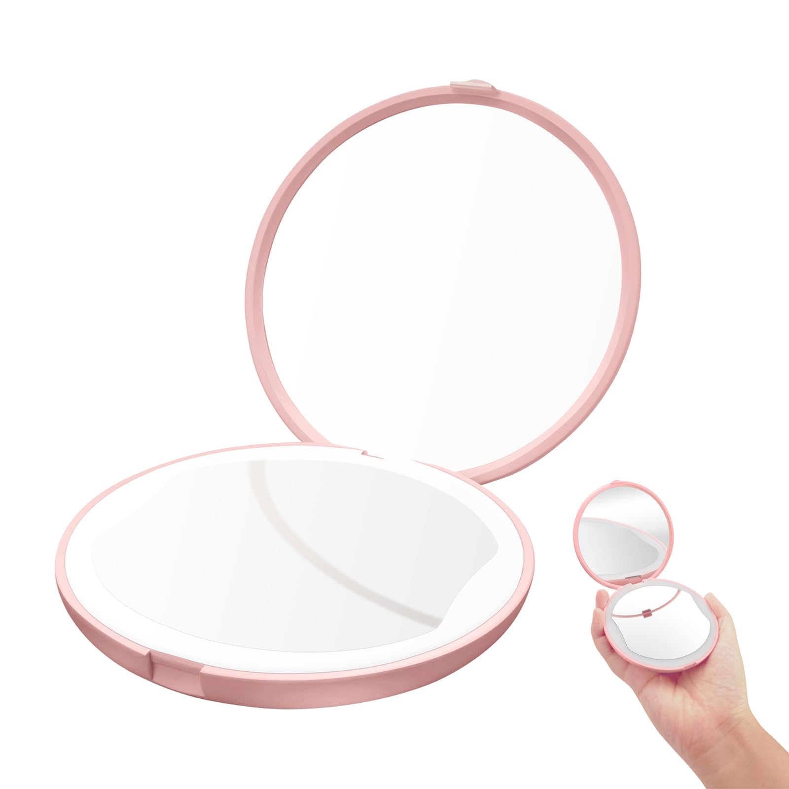 Sporgo Espejo de bolsillo con aumento 5X: LED recargable, compacto, portátil, plegable, pequeño espejo de maquillaje, pequeño espejo de viaje para cosméticos (rosa)