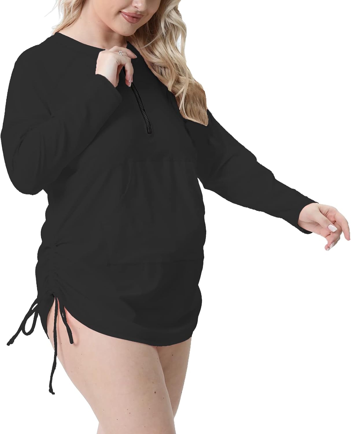 Halcurt Women's Plus Size Long Sleeve Rash Guard Swim Shirts with Pocket Half Zip Drawstring UPF50+ Swimsuit Top