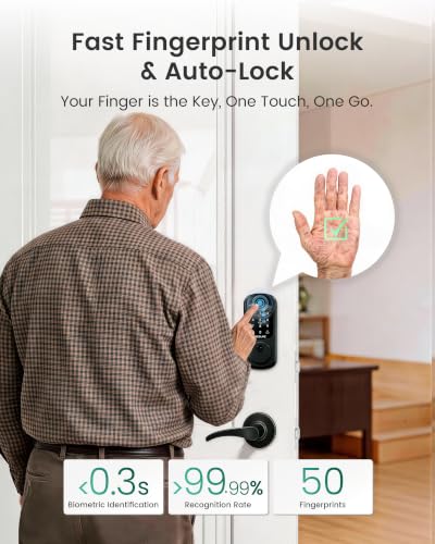 Image of DESLOC B200 Fingerprint Smart Lock with 2 Lever Handles, Keyless Entry Front Door Lock Set, Electronic Keypad Deadbolt, App Control, Auto Lock, Long Battery Life,Matte Black