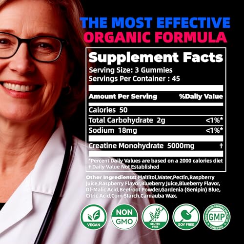 Image of NSF Certified Creatine Gummy 5g - Creatine Monohydrate Gummies for Men & Women. Boost Focus,Strength, and Endurance, Anti-Melting Formula, Vegan, Gluten-Free, Non-GMO,(Raspberry & Blueberry 135 ct)