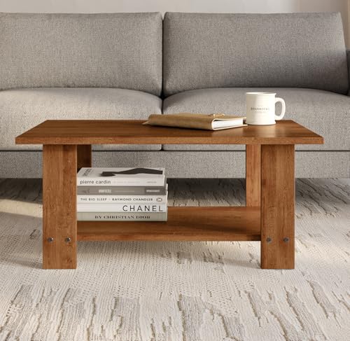 Image of FURLAY LatteEdge Engineered Wood Coffee Table with Bottom Shelf - 90 x 55 x 40 cm (001, Woodland)