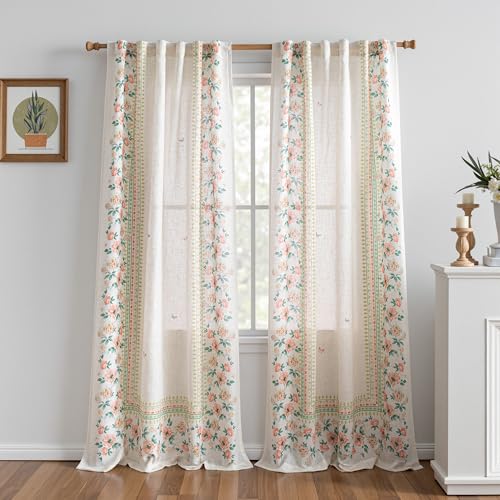Image of MYSKY HOME Boho Floral Curtains Semi Sheer Linen Blend Curtain 84 Inches Long for Living Room Bohemian Cottage Style Window Treatments Light Filtering Privacy Back Tab Drapes, 50'', Pink, 2 Pcs