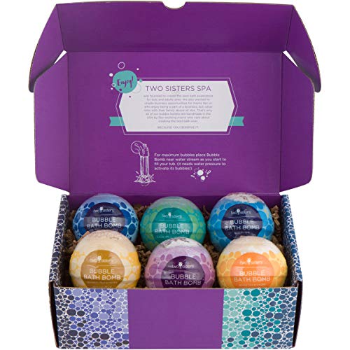 6 Relaxing Bubble Bath Bombs By Two Sisters Spa. 6-5Oz Large 99% Natural Fizzies For Women, Teens And Kids. Moisturizes Dry Sensitive Skin. Releases Color, Scent, And Bubbles. Lavender, Eucalyptus #TOP3