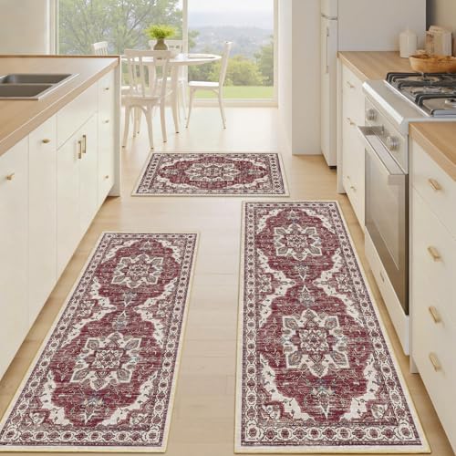 Tritard Non Slip Kitchen Rugs Sets of 3 Washable Kitchen Rug Boho Kitchen Mats for Floor Soft Kitchen Runner Rug Non Skid Kitchen Floor Carpet for Entryway Hallway Laundry Room, Brick Red by Tritard - Used condition - Image 5