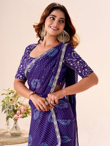 Image of AKHILAM Women's Bandhani Printed Chiffon Saree with Blouse