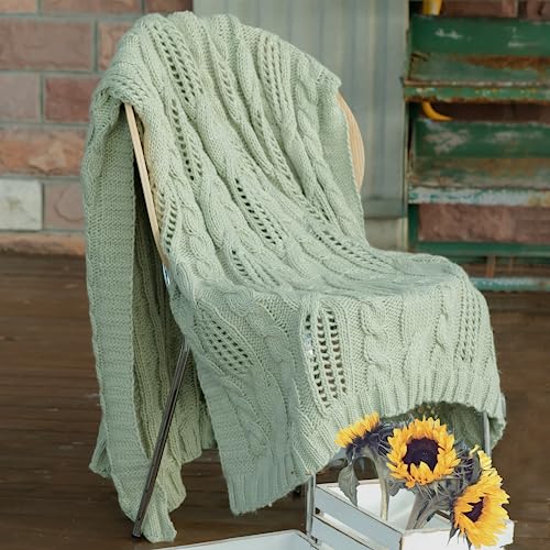 Amélie Home Sage Green Cable Knit Throw Blankets Soft Cozy Lightweight Knit Throw Blankets For Summer Chunky Wool Farmhouse Knitted Throw For Couch Sofa Bedroom 50 X 60 #TOP1