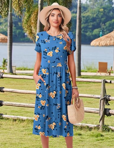 Image of HOTOUCH Women's Summer A-Line Midi Dresses 2026 Casual Floral Short Sleeve T-Shirt Dress Flowy Beach Sundress with Pockets