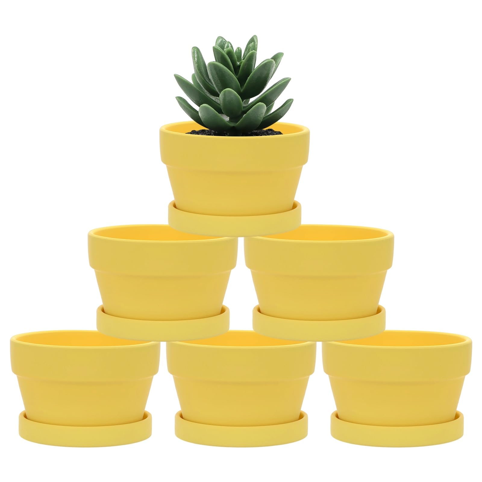 M METERXITY 6-Pack Shallow Terracotta Clay Pots, 4.3" Ceramic Small Plant Pots with Saucer and Drainage Holes for Succulent Plants/DIY Crafts, Terracotta Pottery Planters [Yellow]