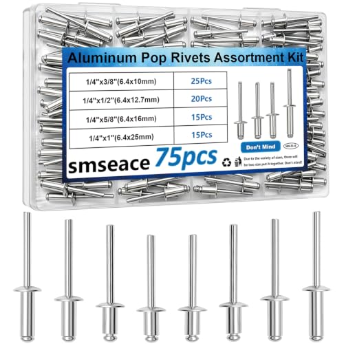 Image of smseace 70 Pcs 1 /4 Inches Rivets 1 /4 inch x (3 /8 inch, 1 /2 inch, 5 /8 inch, 1 inch) Aluminum Pop Rivets Assortment Kit - Assorted Blind Rivets for Metal,Furniture,Automotive,Instrument