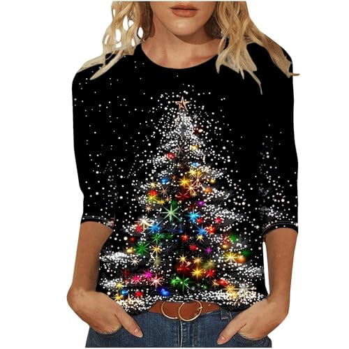 DaPongZhi Christmas Jumpers for Women UK 3/4 Sleeve Xmas Tree Printed Sweatshirt Casual Crewneck Pullover Loose Christmas Blouse Tunic T Shirt Ladies Xmas Sweatshirts Holiday Clothes