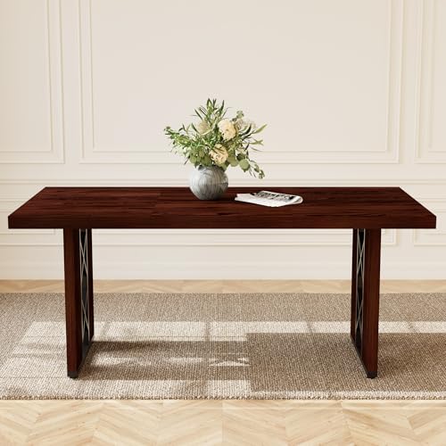 HIPIHOM 70.8\" Farmhouse Dining Table for 6-8 People, Large Rectangle Kitchen Table with Heavy Duty Legs, Industrial Dining Room Furniture for Dinner, Walnut - Thumbnail 7