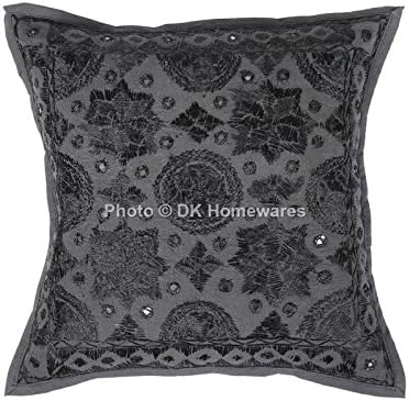 Boho Decorative Couch Throw Pillow Covers 16 Inch Cotton Mirrored Embroidered Ethnic Square Toss Cushion Covers (Size - 40x40 cm ; Color: Black) - Set of 4 Pcs (Cover Only)