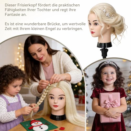 TwoWin Trainingsköpfe 80% Echtes Haar Blond Kosmetologie Puppe Kopf Friseur Training Modell Mannequin Kopf mit Halterung, DIY Haar Zubehör Styling, Geeignet zum Glätten, Locken, Dauerwelle