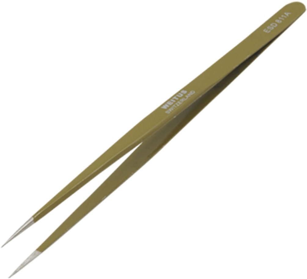 IIVVERRIIVVERR 5.5" Length Metal Pointed Tip Straight Tweezer Hand Tool Olive(5.5' 'Longitud Punta puntiaguda metálica Pinza recta Herramienta de Verde oliva