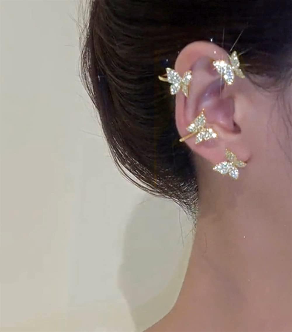2Pcs Zircon Butterfly Ear Cuff Earrings for Women No Piercing Ear Clip Wrap Around Fake Earrings Crawler Rhinestone Wrap Earrings image 5