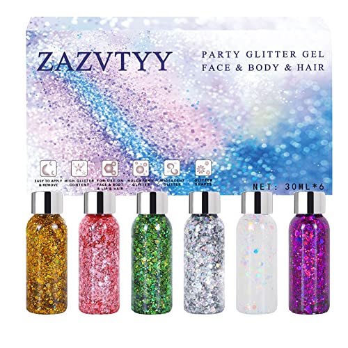 30ml*6pcs Body Face Glitter Gel, Flüssiger Lidschatten mit Meerjungfrauen Pailletten Schimmer, Chunky Glitter Gel für das Gesicht Haar Nägel, Langanhaltend Holografisches Kosmetisches Laserpulver Cover