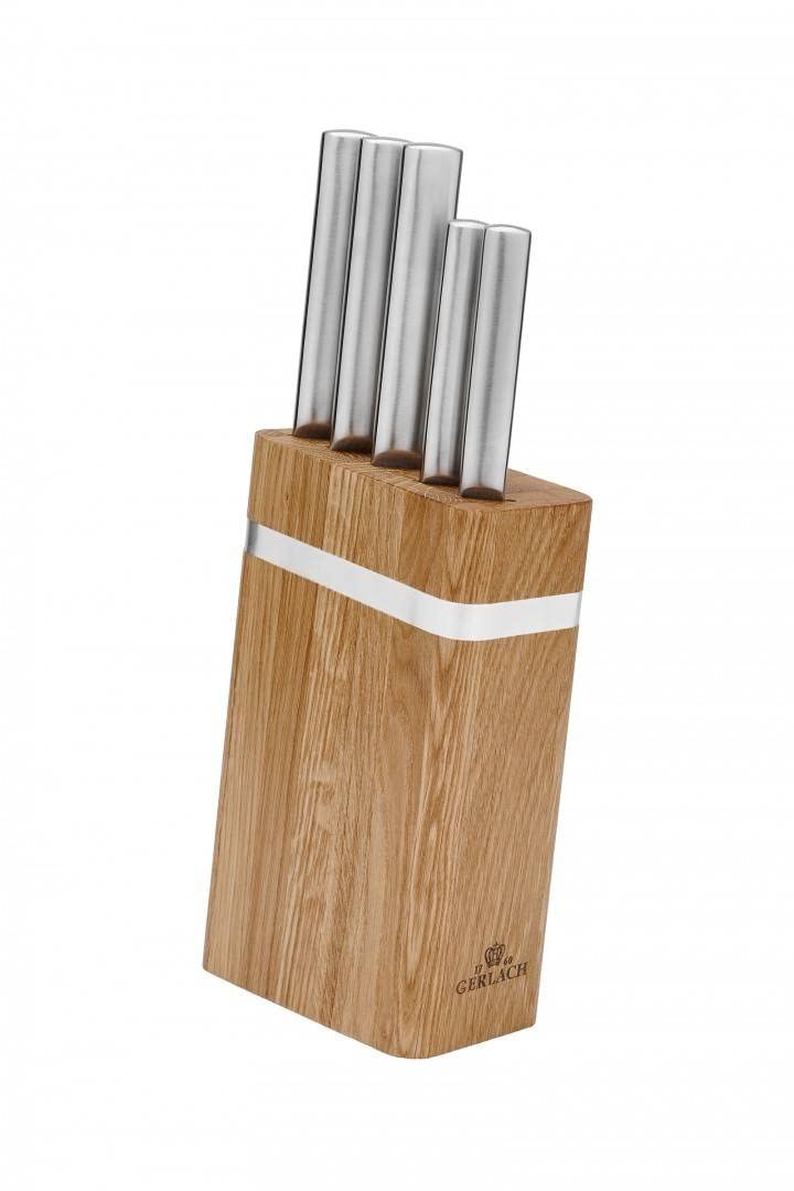 Gerlach Ambiente Juego de 5 Cuchillos de Cocina con Bloque, Acero Inoxidable, Madera de Roble, Cuchillo de Chef, para Pan, para Verduras
