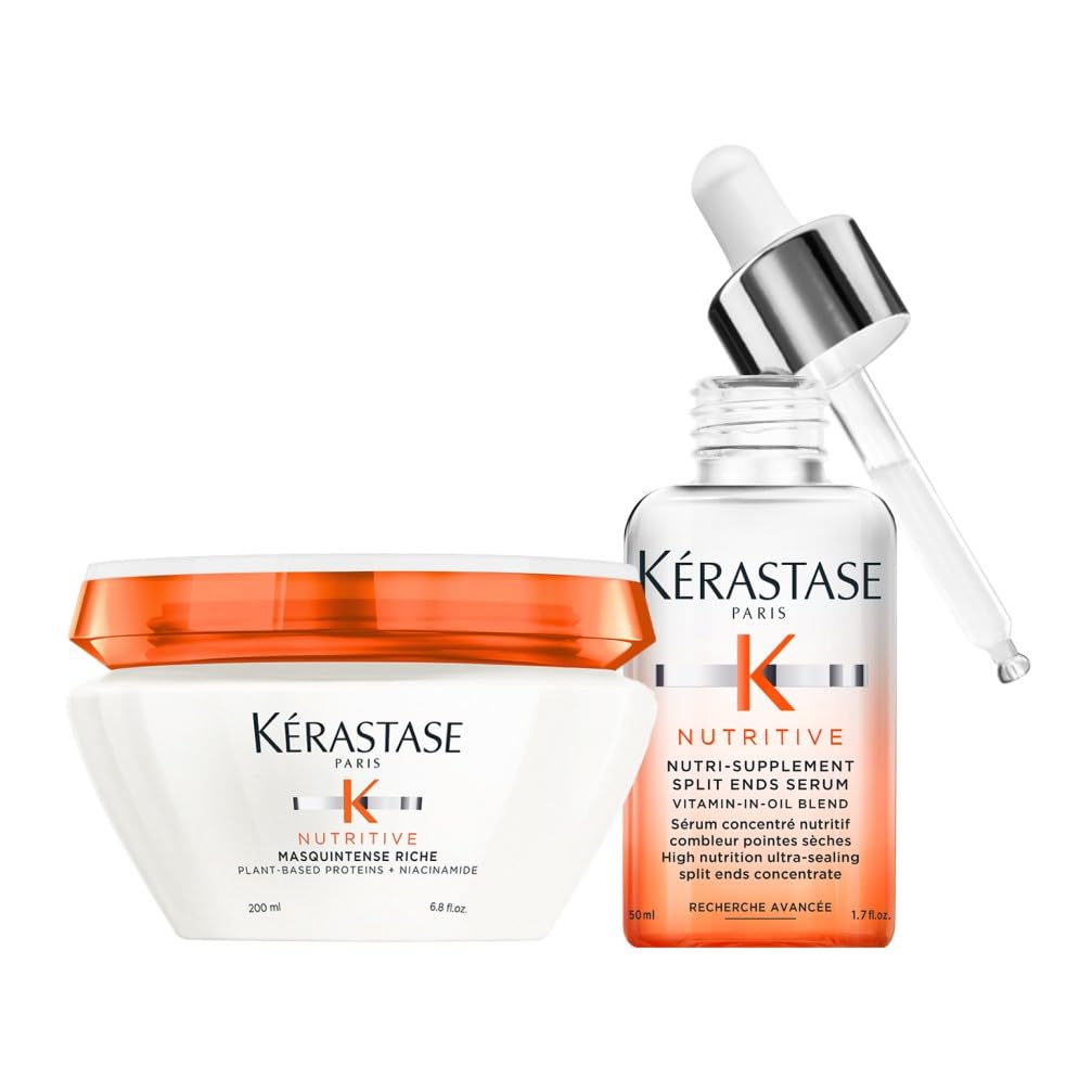 KÉRASTASE Nutritive - Routine Cheveux Secs, Longueurs & Pointes - Masque Cheveux Masquintense + Sérum Concentré Pointes Sèches - Apporte des Nutriments Essentiels, Nourrit & Hydrate