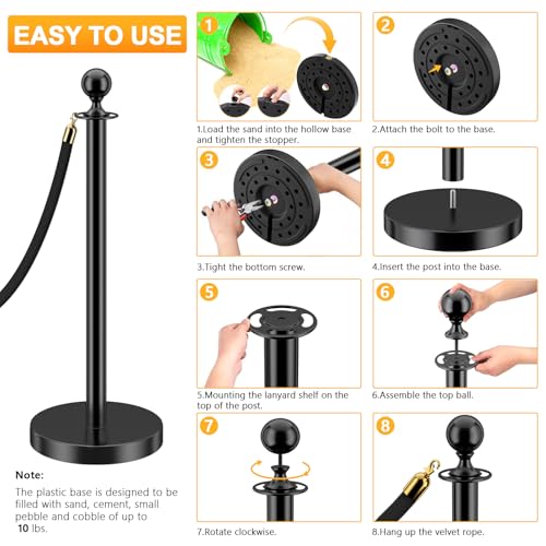 Image of LOVMOR 12Pcs Black Stanchion Posts Queue with 8pcs Black Velvet Rope, Crowd Control Barriers Queue Line Rope, Crowd Control Stanchion for Party Supplies