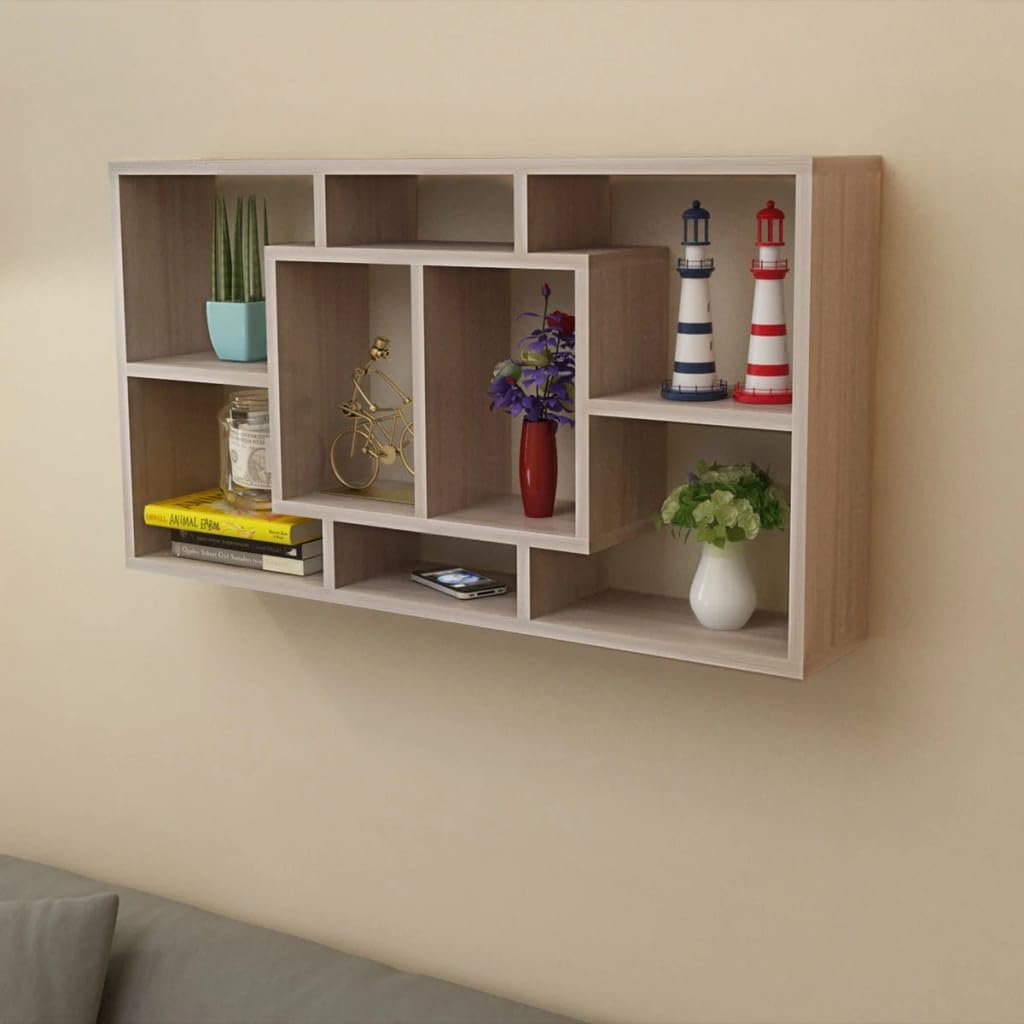 Regał ścienny, regał wiszący, regał wiszący z materiału drewnopochodnego pokrytego melaminą, kolor dębu, 85 x 18 x 85 cm, z 8 półkami i niewidocznym systemem montażowym, do salonu, sypialni