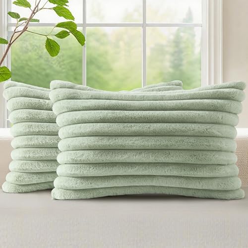 Image of decorUhome Fall Cozy Faux Fur Throw Pillow Covers 12x20 Set of 2 Decorative Soft Plush Striped Lumbar Modern Farmhouse Boho Couch Pillow Cases with Velvet Back for Sofa Bed Living Room, Sage Green