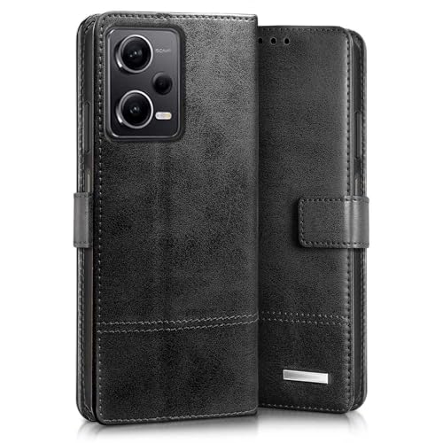 Image of WOW IMAGINE Shock Proof Hand Stitched Royal Flip Cover Case for Xiaomi Redmi Note 12 Pro 5G (Flexible | Leather Finish | Wallet Case Card Holders & Stand | Tanned Black)