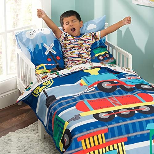 Everyday Kids 4 Piece Toddler Bedding Set -Choo Choo Train- Includes Comforter, Flat Sheet, Fitted Sheet and Reversible Pillowcase