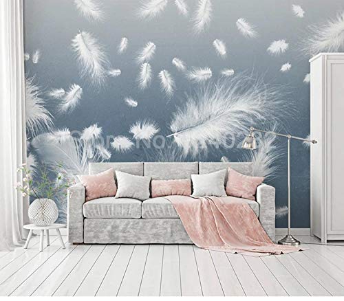 Fresque murale chambre bleu aquarelle et plume blanche 250x175 - 4