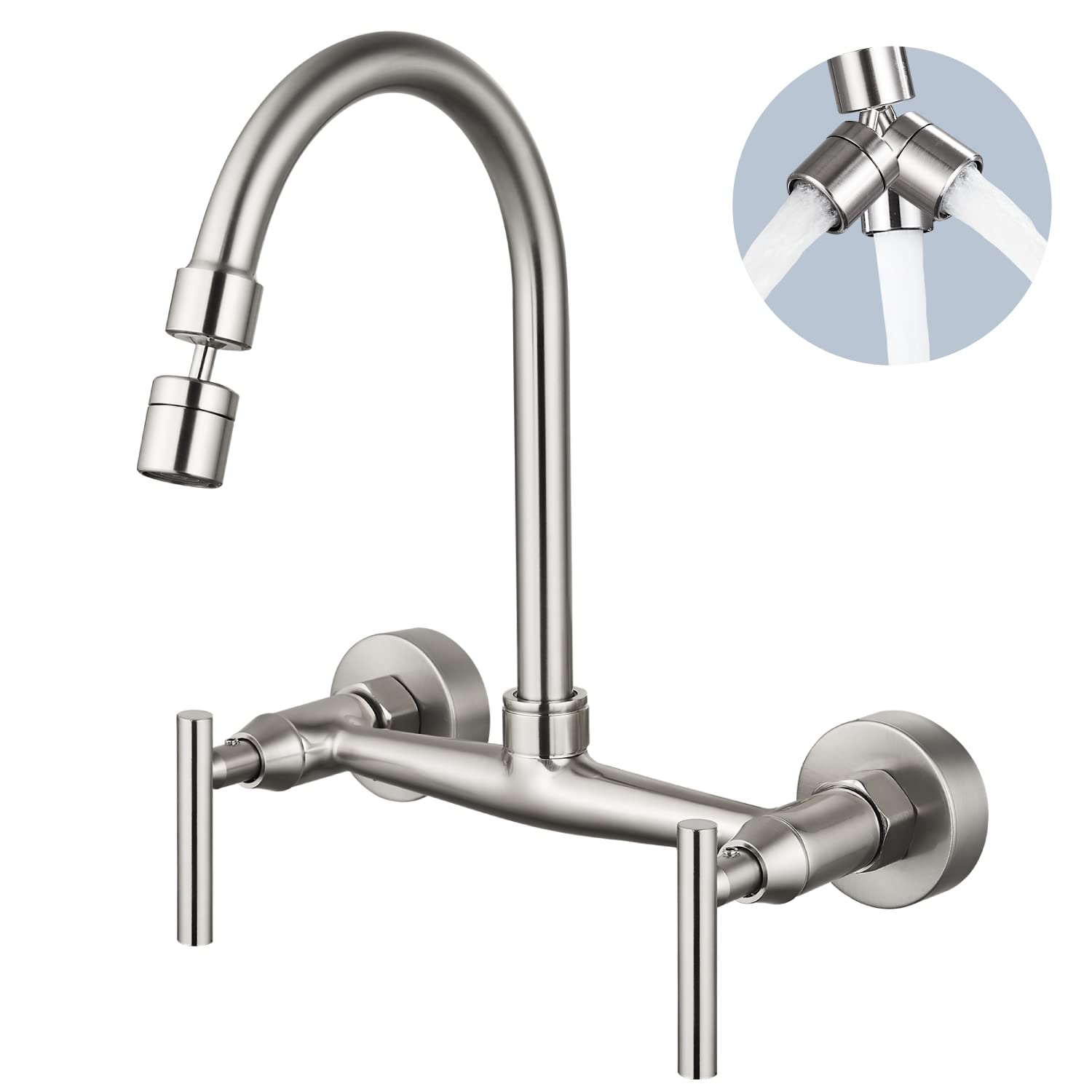 Photo 1 of Airuida Wall Mount Kitchen Sink Faucet Brushed Nickel 8 Inch Center Double Cross Handles 360 Degree Swivel Spout Kitchen Mixer Tap Commercial