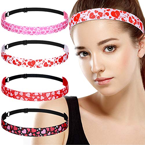 4 Pieces Valentines Headbands for Women Elastic Adjustable Non Slip Heart Pattern Hairband Sport Workout Hair Accessories for Girls
