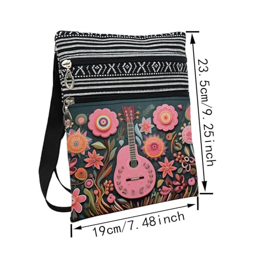 Floral Pink Guitar Messenger Bag Small Ethnic Pattern Printed Adjustable Strap Crossbody Zipper Bag Floral Pink Guitar Phone Bag Wallet Cute Shoulder Handbag for Women2