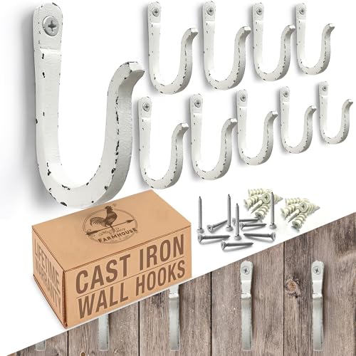Rustic Antique White Railroad Spike Cast Iron Hooks (10 Pack) Handmade Blacksmith, Wall Mounted Decorative Hooks, PowderCoated for Interior or Exterior Use, Rust Proof for Hanging Coats, Bags or Pots by My Fancy Farmhouse - Used condition - US$21.58