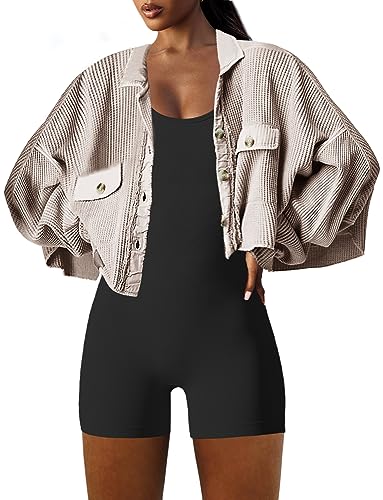 Panadila Women's Cropped Waffle Knit Shacket Short Button Down Jacket Batwing Sleeve Shirts with Pocket4