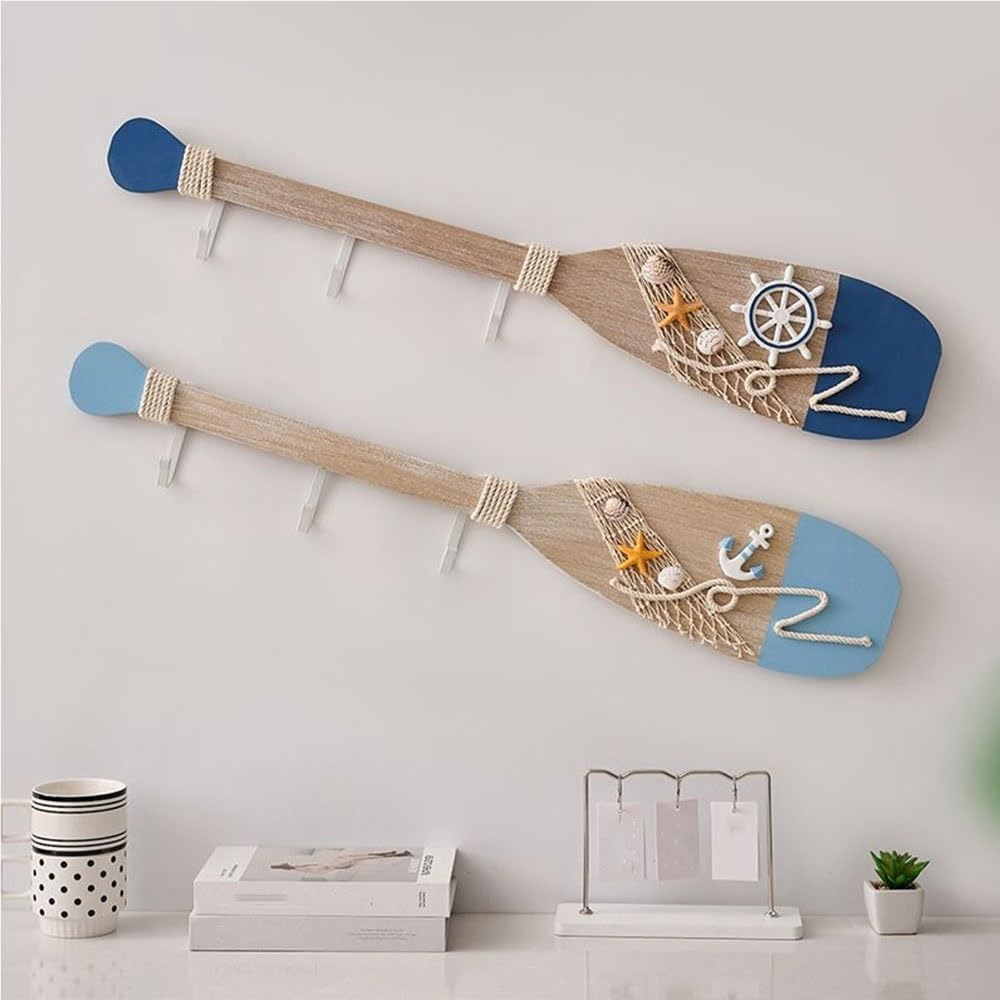 Mzhgnq 2 Pack 31.5 Inch Nautical Wooden Double Oar Decor, Nautical Style Oar Wall Hooks, Beach Theme Home Decoration, Coastal Wall Art for Bedroom, Bathroom