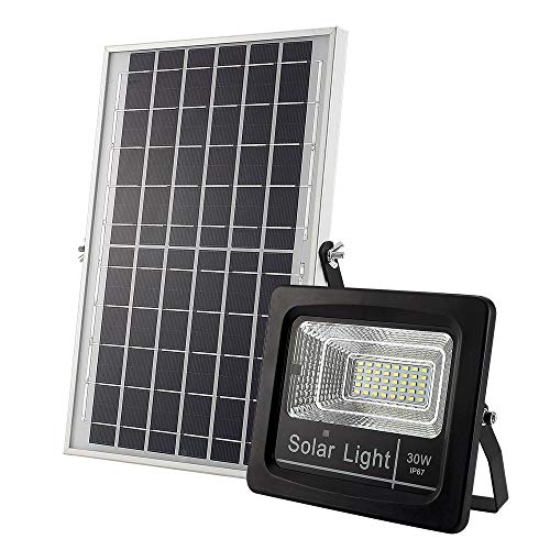 Yorklen 30W LED Solar Flood Lights Outdoor, Dusk to Dawn Solar Powered Street Light with Remote Control, 800 Lumen, IP67 Waterproof, for Yard, Garden, Garage, Pathway, Barn, Street (Cool White)