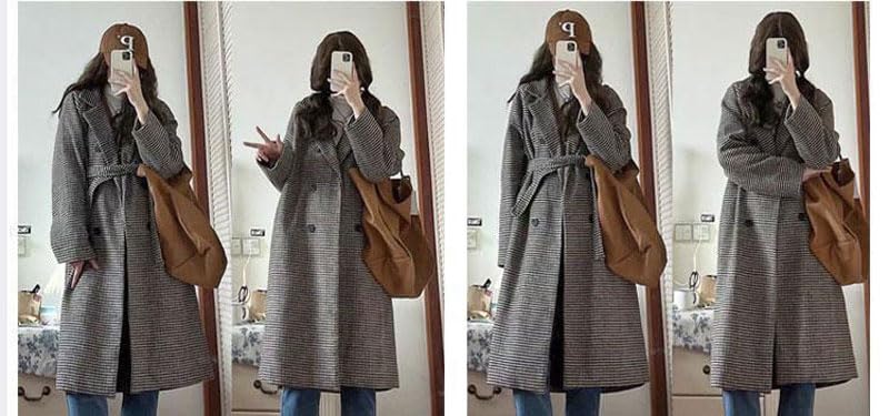 utcoco Womens Plaid Tweed Blazer Trench Coat Notched Double Breasted Belted Midi Pea Coat4