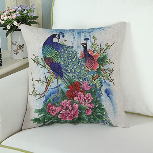 CaliTime Canvas Throw Pillow Cover Shell for Couch Sofa Home Decoration Couple Peacocks with Floral Bamboo Painting Print 18 X 18 Inches