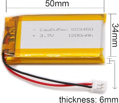 Miniatura 2 de Batería recargable de iones de polímero de litio Li Lipo de 3.7V con conector JST de 2 pines 0.079 in (603450 1100mAh)