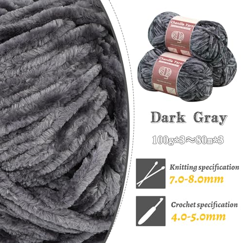 Image of LUNARM Chenille Yarn 3 Pack 3.5oz Chunky Blanket Velvet Yarn 263 Yard | Dark Chunky Chenille Yarn for Beginners Crocheting Hand Knitting Scarves with Big Eye Needles Machine Washable