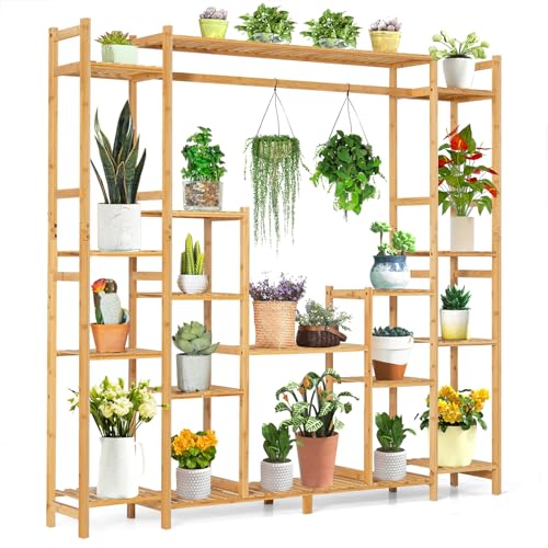 HOMASIS Étagère à fleurs avec 18 étagères et barre de suspension, étagère à plantes en bambou, support pour plantes, pour salon, balcon, jardin, terrasse, 167 x 30 x 166 cm, naturel