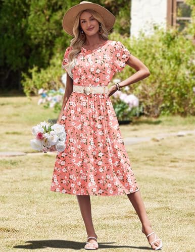 Image of HOTOUCH Women's Summer A-Line Midi Dresses 2026 Casual Floral Short Sleeve T-Shirt Dress Flowy Beach Sundress with Pockets