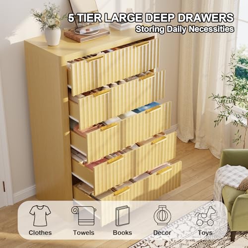 Image of Natural Oak Dresser with 5 Deep Drawers, 47 inch Tall Fluted Chest of Drawers, Round Edge, Modern Vertical Dresser, Wooden Storage Organizer Cabinet for Bedroom, Living Room, Entryway, Hallway